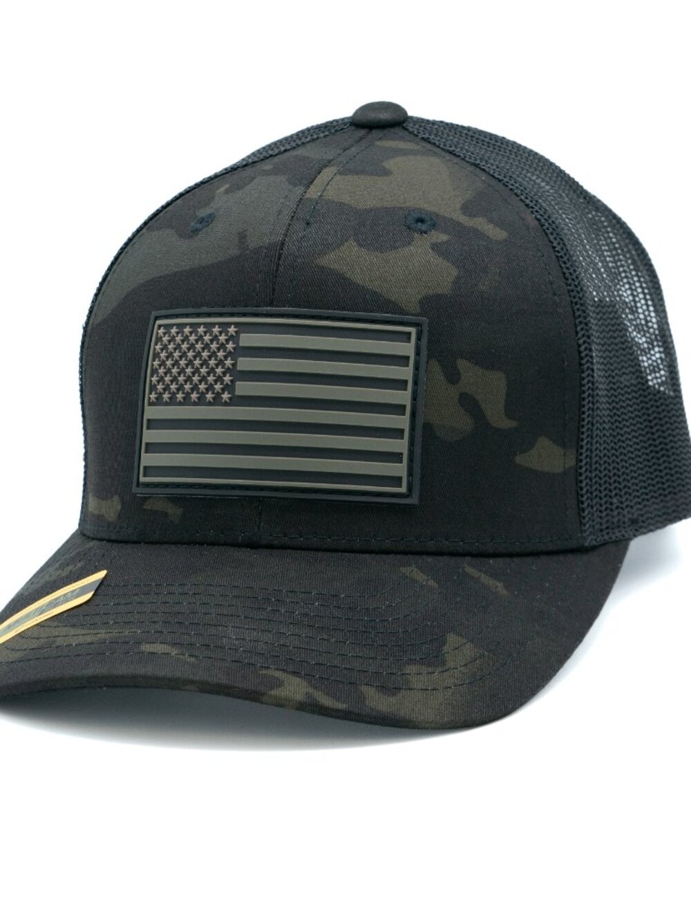 Yupoong Multicam Snapback Trucker Hat PVC American Flag Patch Camo Mesh
